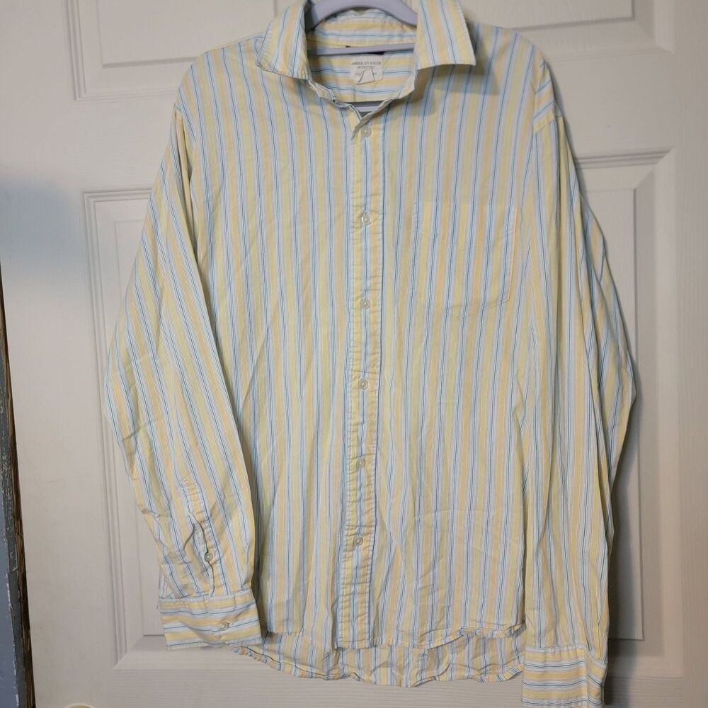 vintage American Eagle Outfitters Mens L Striped Yellow Blue Long Sleeve Pocket